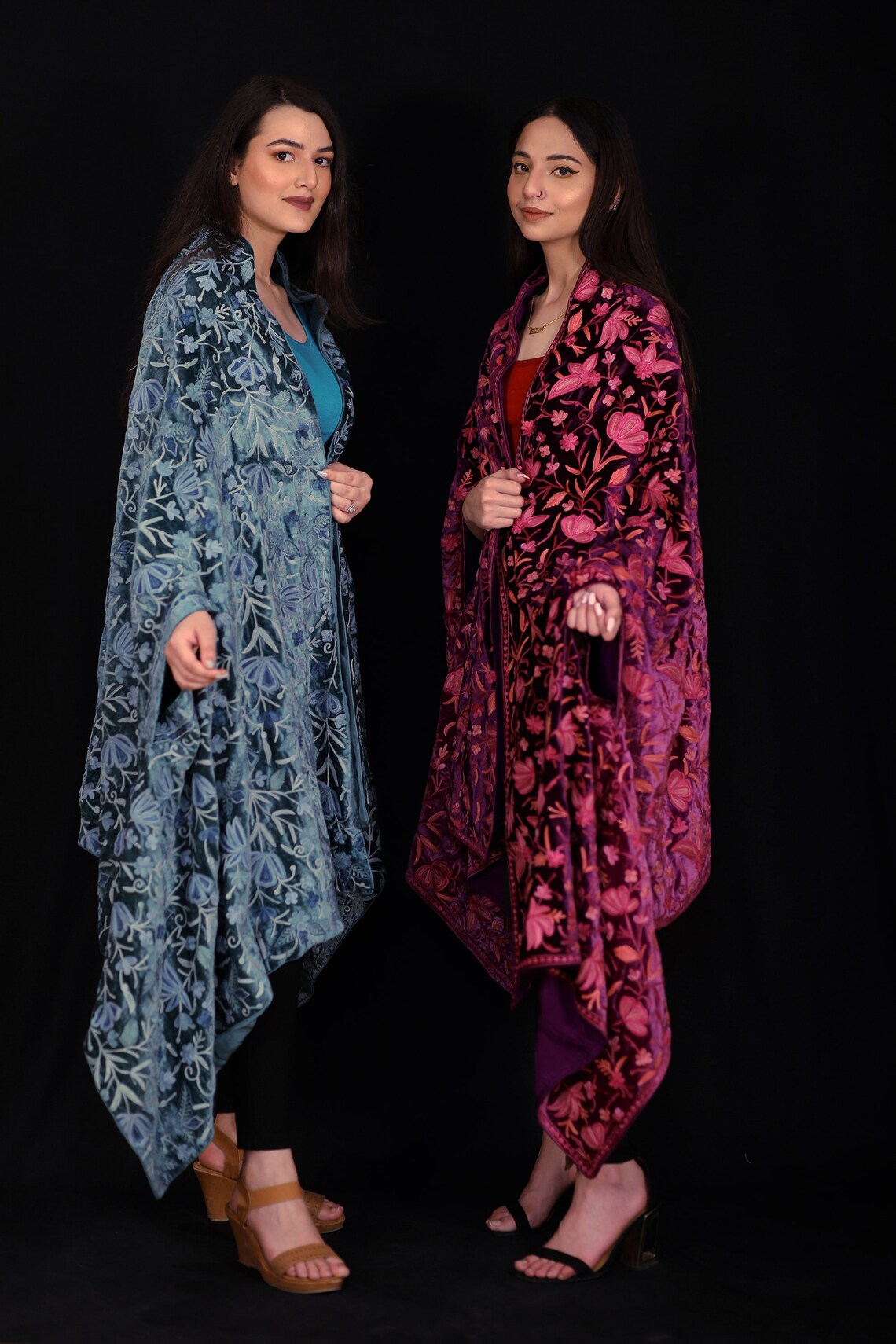 Gloss Velvet Ombre Cape with All Over Floral Embroidery: Purple and Pink Duo