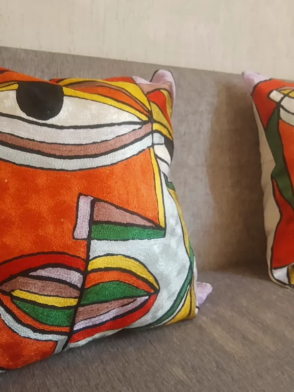 Hand Chain Stitch Abstract Face Cushion Covers close up