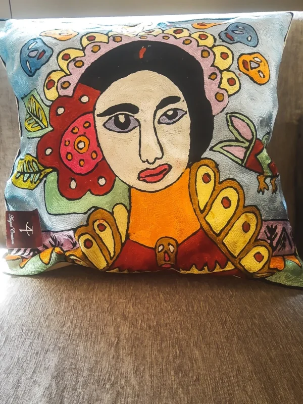 Hand Chain Stitch Abstract Face Cushion