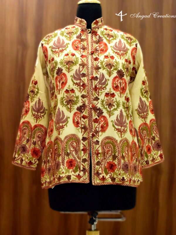 Cream Short Jacket With Floral Style Jamawar Embroidery Front