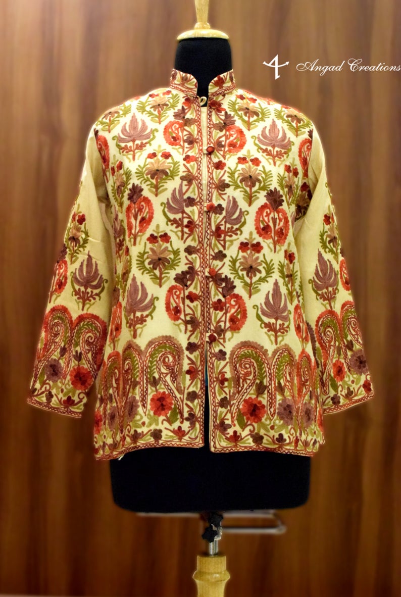 Cream Short Jacket With Floral Style Jamawar Embroidery Front