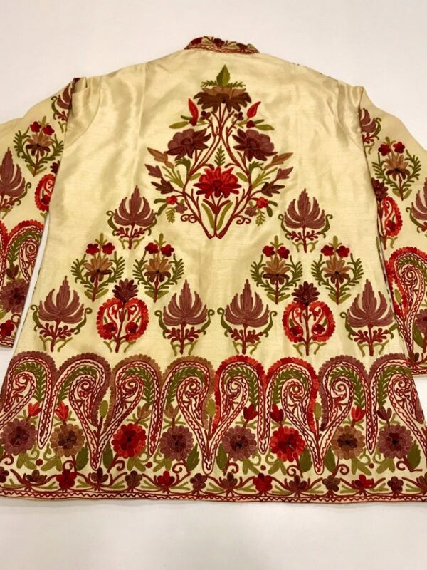 Cream Short Jacket With Floral Style Jamawar Embroidery Back