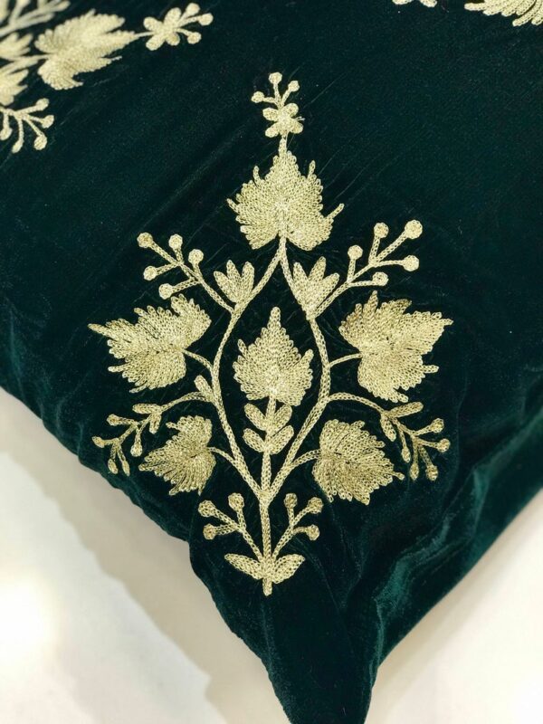 Bottle Green Zari Embroidered Kashmiri Cushion Covers