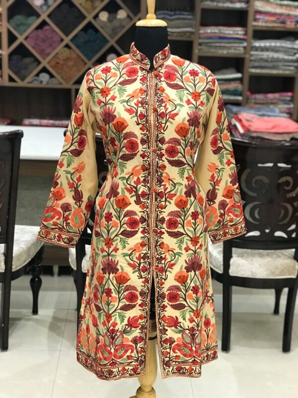 Cream Kashmiri Coat With Floral Style Embroidery Front