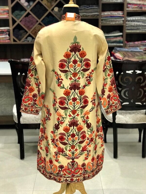 Cream Kashmiri Coat With Floral Style Embroidery Back