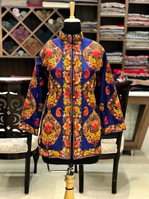 Blue Short Jacket Kashmiri Boteh Embroidery Front