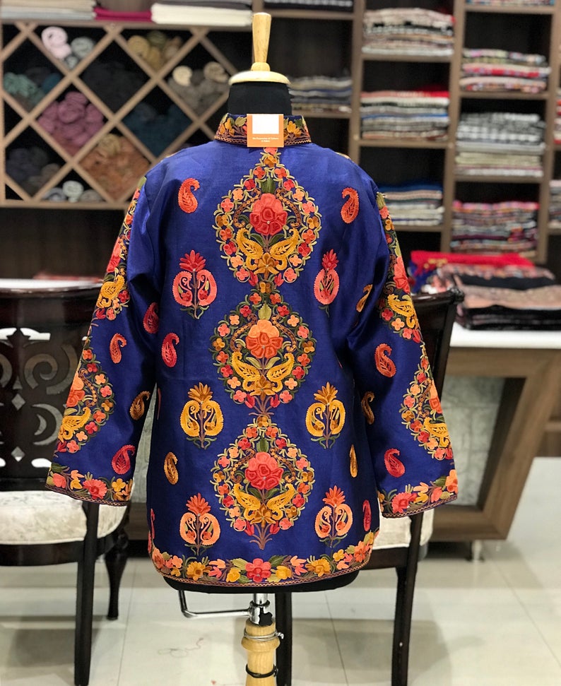Blue Short Jacket Kashmiri Boteh Embroidery Back