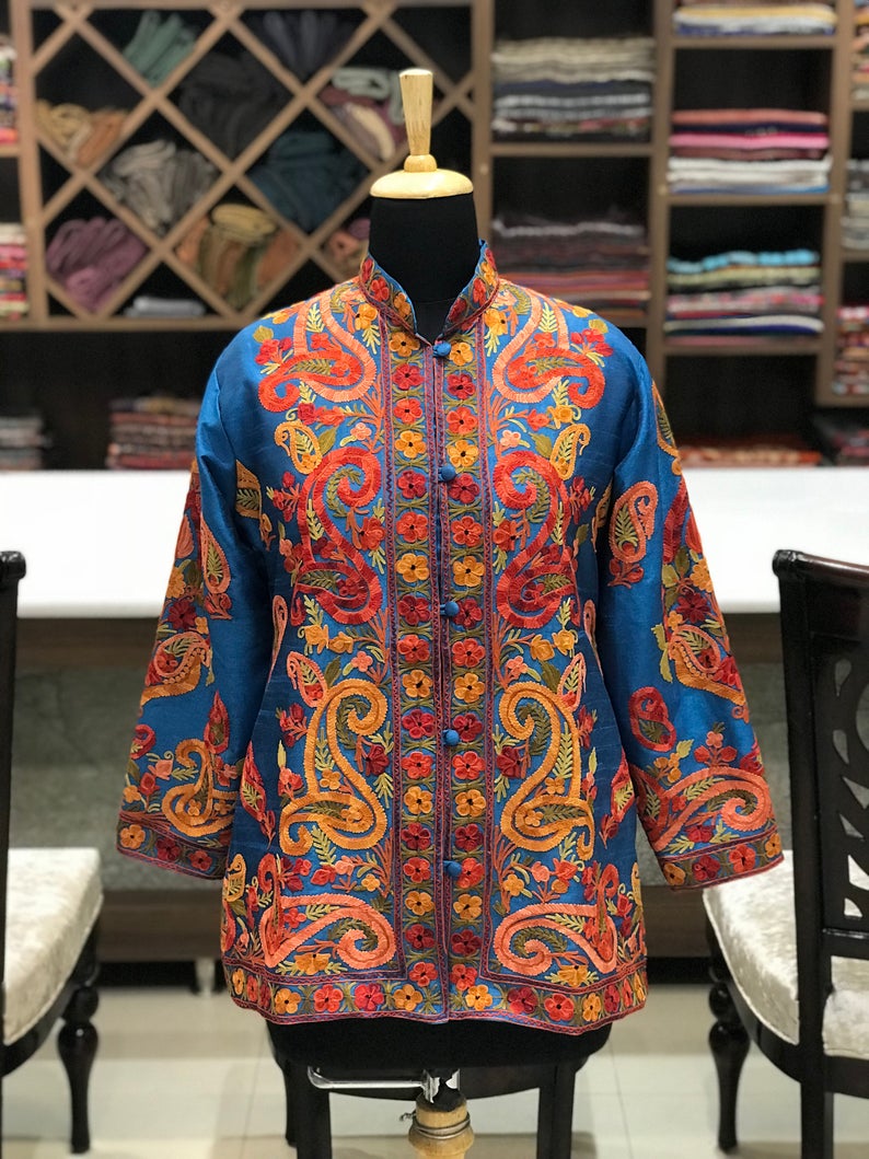 Ferozi Short Jacket With Kashmiri Anarkali Style Paisley Embroidery Front