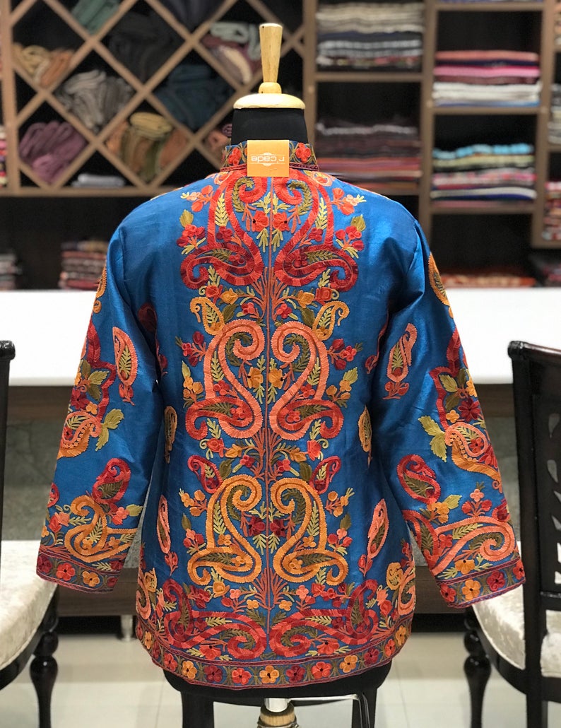 Ferozi Short Jacket With Kashmiri Anarkali Style Paisley Embroidery Back