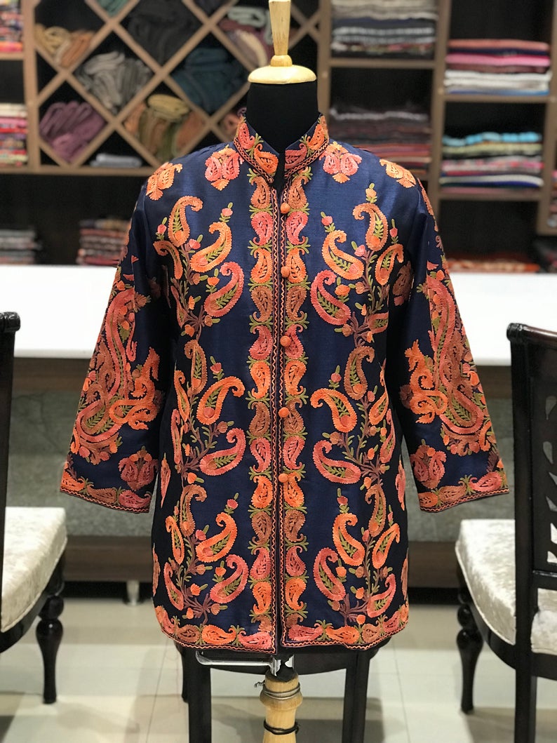 Navy Blue Short Jacket With Paisley Style Boteh Embroidery Angad Creations