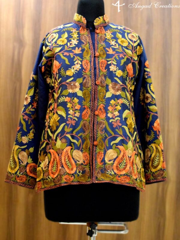 Blue Short Jacket With Kashmiri Aari Jaal Embroidery Front