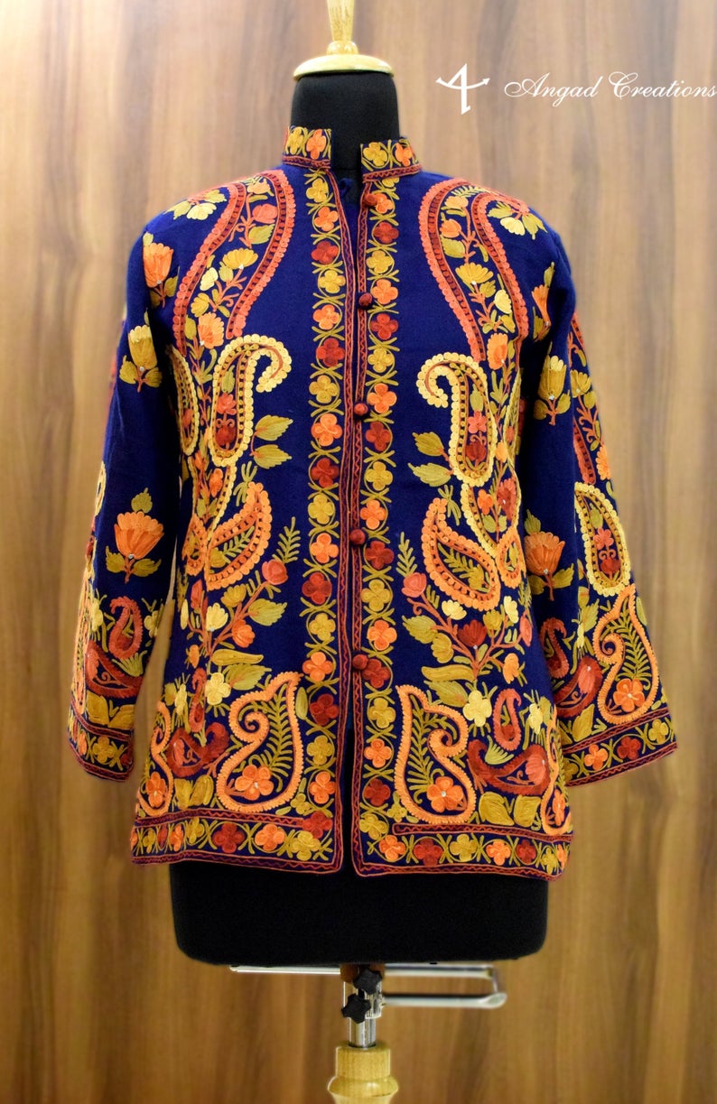 Blue Kashmiri Short Jacket With Paisley Embroidery Front