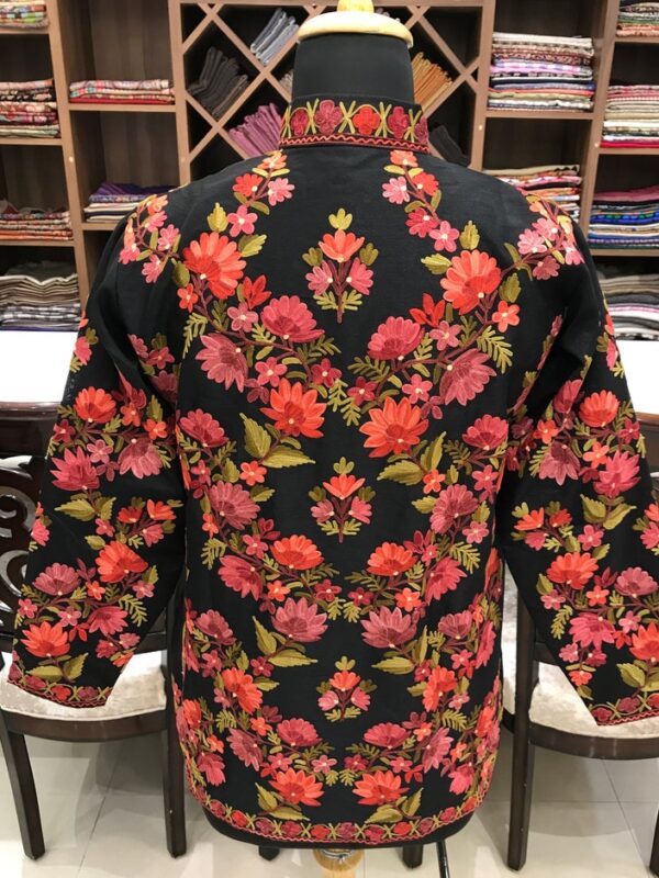 Black Short Jacket With Floral Kashmiri Pattern Embroidery Back