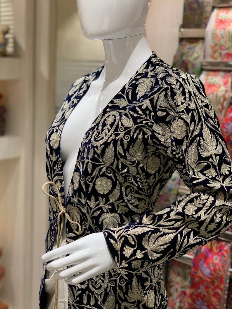 Robe Style Long Velvet Jacket with Jaal Tilla Work