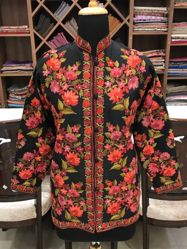 Black Short Jacket With Floral Kashmiri Pattern Embroidery Front