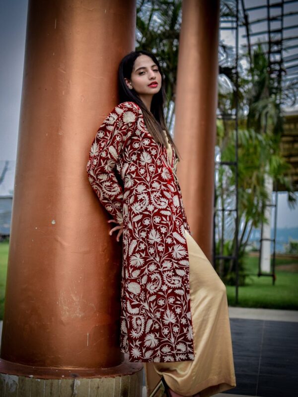 Red Velvet Jacket With Kashmiri Tilla Jaal Embroidery Front
