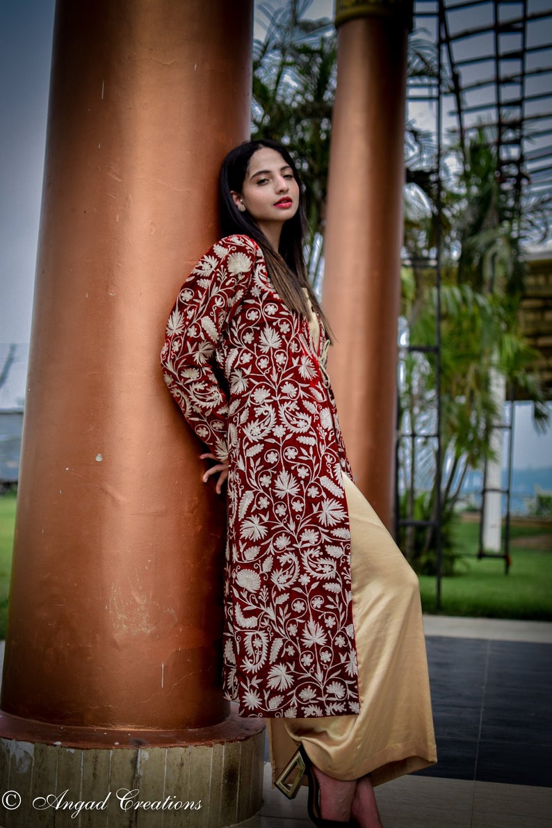 Red Velvet Jacket With Kashmiri Tilla Jaal Embroidery Front