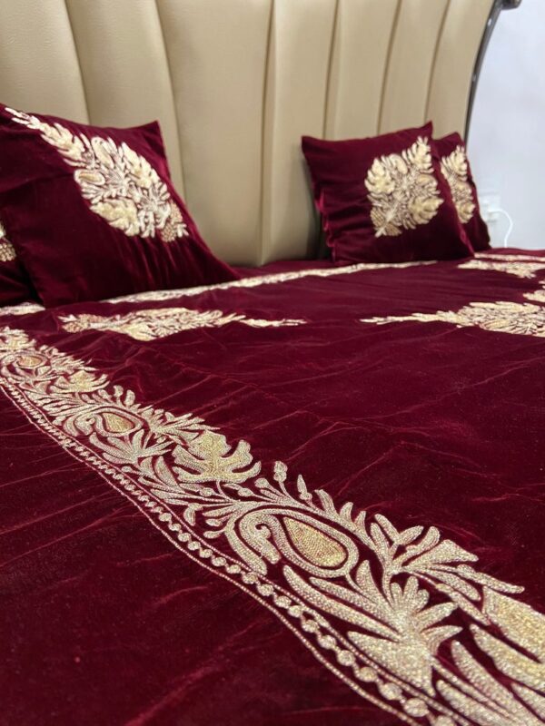 Maroon Velvet Bed Cover with Kashmiri Tilla Embroidery: Chinaar Ambi Border