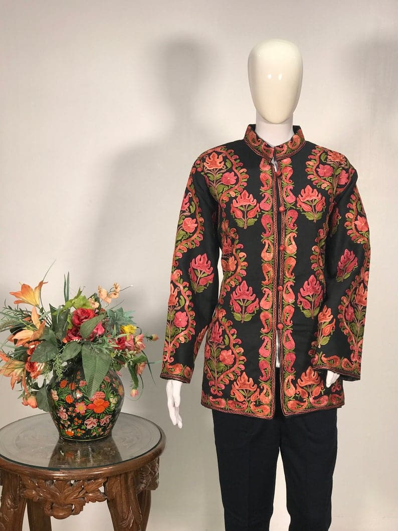 Black Short Jacket With Chinar Style Boteh Embroidery Front