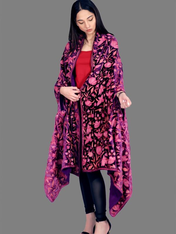 Gloss Velvet Ombre Cape with All Over Floral Embroidery: Purple and Pink