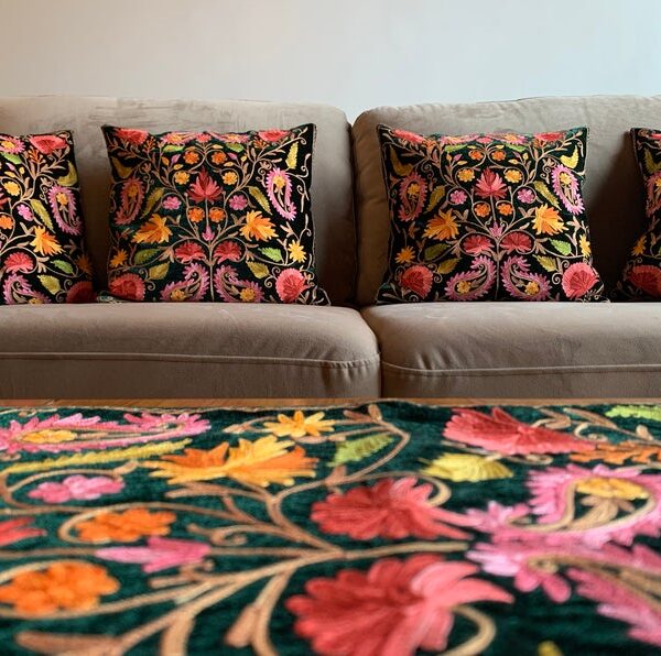 Bottle Green Velvet Table Runner and 4 Cushion Covers Set with Kashmiri Aari Jaal Embroidery