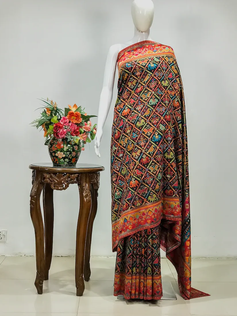 Black Modal Silk Kani Saree with Diamond Pattern Kani Design