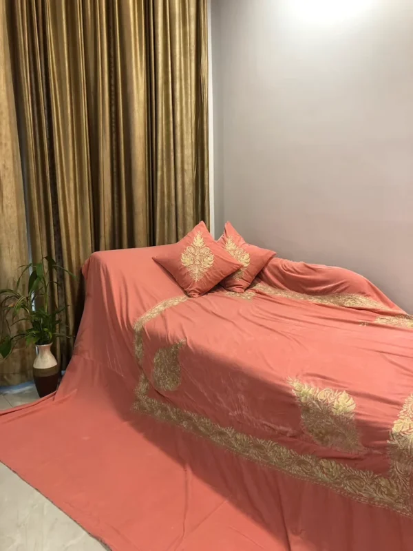 Royal Velvet Bed Cover with Kashmiri Tilla Embroidery: Chinaar Ambi Border