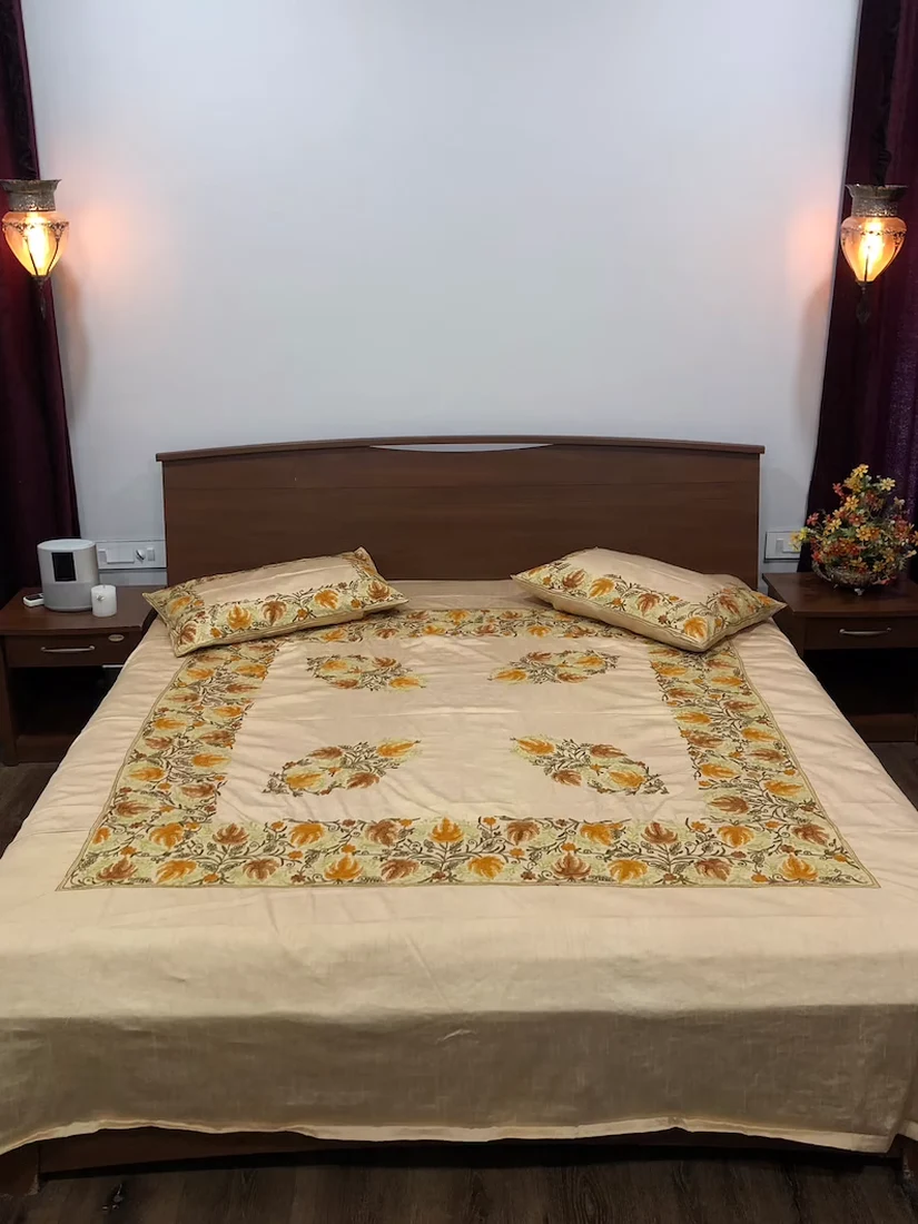 Beige Raw Silk Bed Cover with Chinar Pattern Aari Embroidery