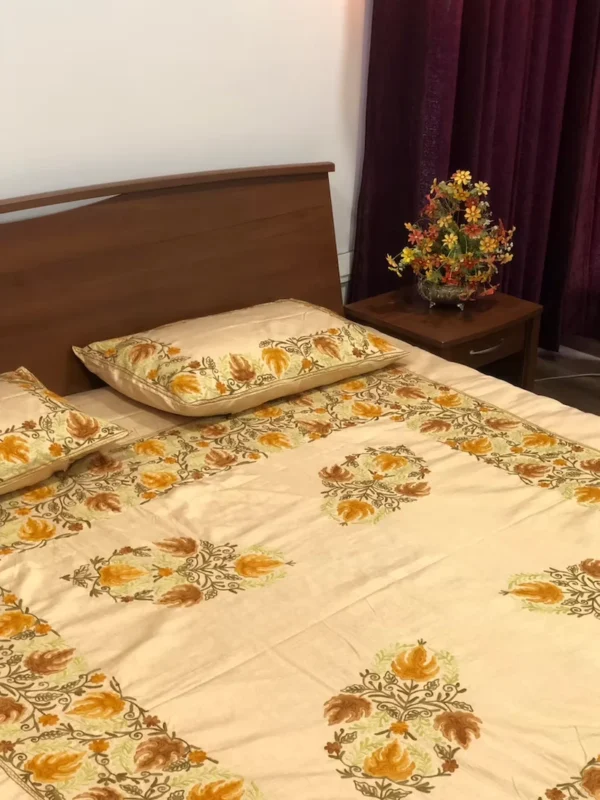 Beige Raw Silk Bed Cover with Chinar Pattern Aari Embroidery close up