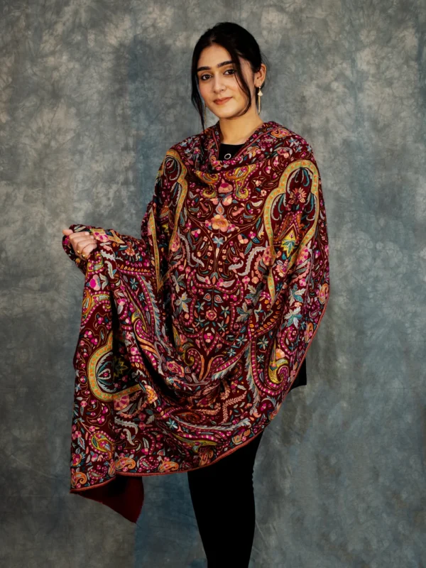 Maroon Papier Mache Hand Embroidered Pure Pashmina Shawl Front