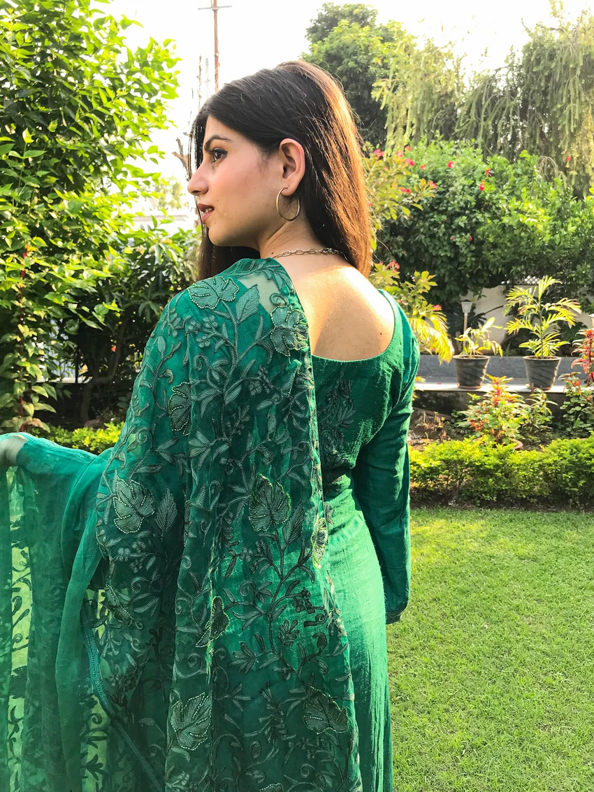 Green Salwar Suit with Jaal Work Organza Dupatta Back View