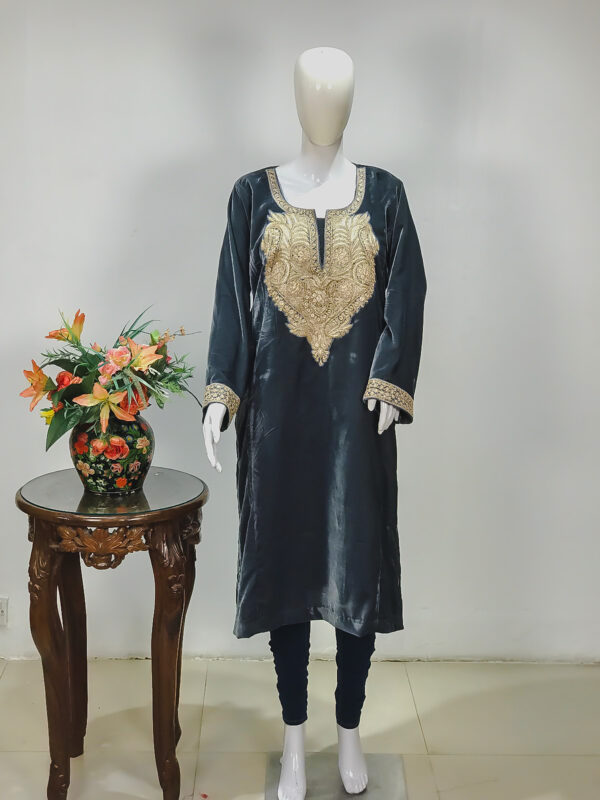 Grey Velvet Phiran with Tilla Work