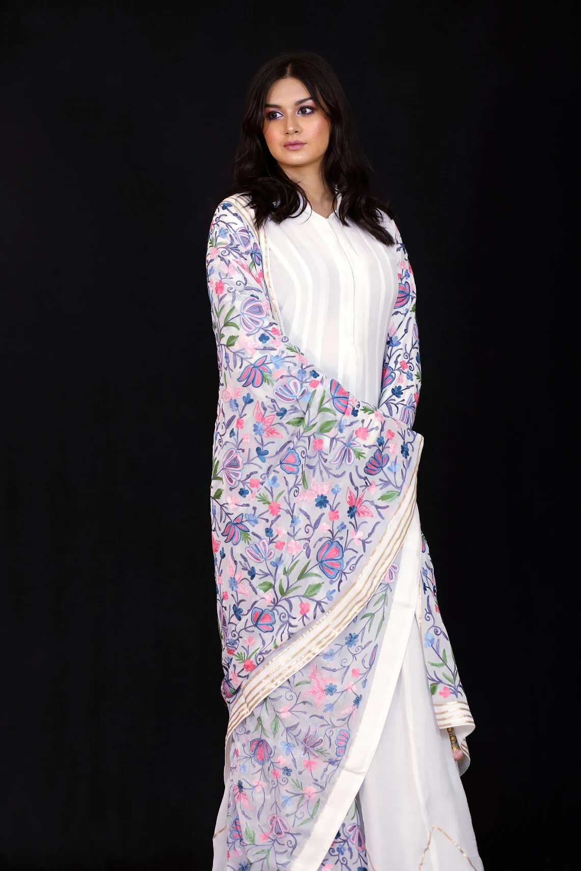 White Dress with Aari & Gota Work and Jaal Dupatta styled