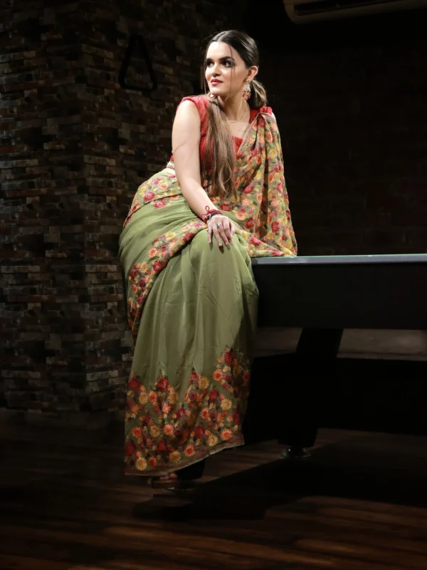Olive Green Georgette Saree with Floral Jaal Work