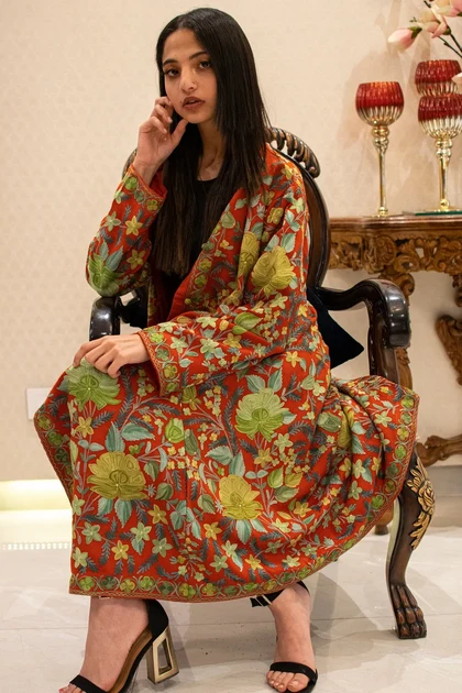 Red Long Coat with Green Floral Embroidery