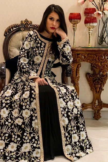 Black Jacket Style Flared Dress with Aari Cut Daana & Dabka Embroidery