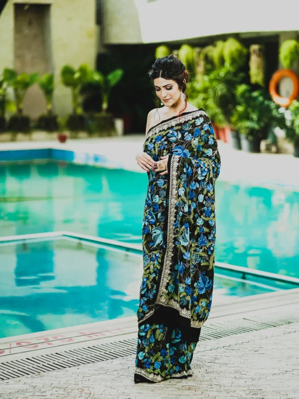 Black Saree with Chinar Jaal Embroidery