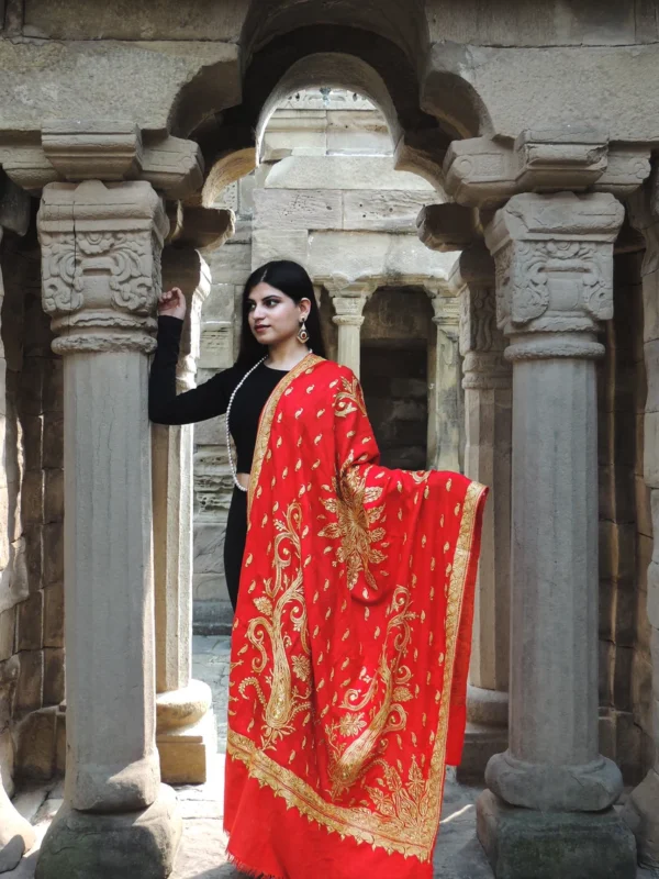 Scarlet Red Pure Pashmina Shawl With Tilla Hand Embroidery
