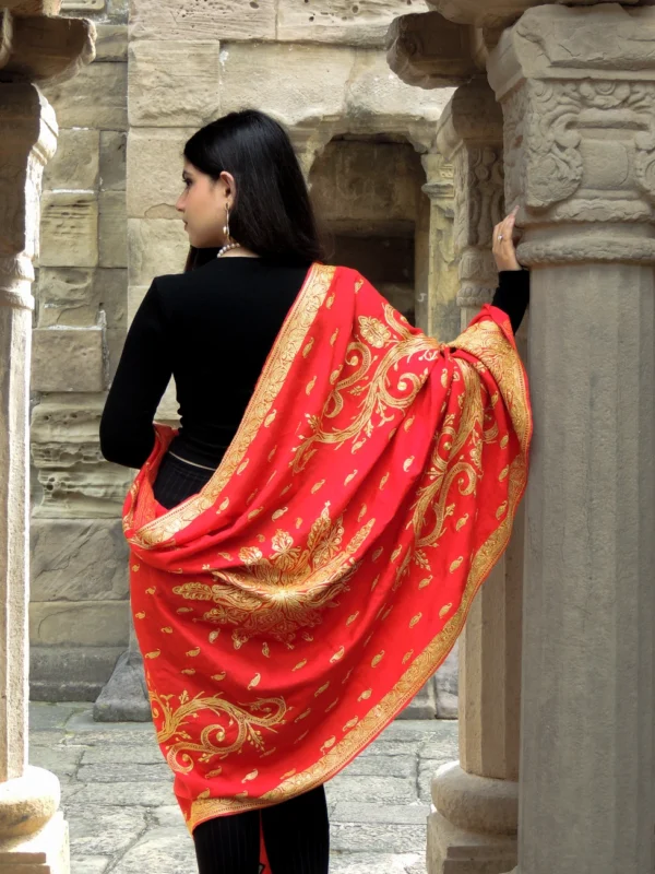 Scarlet Red Pure Pashmina Shawl With Tilla Hand Embroidery Back