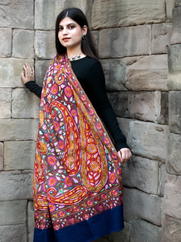 Navy Blue Hand Papier Mache Jamawar Pure Pashmina Shawl Front