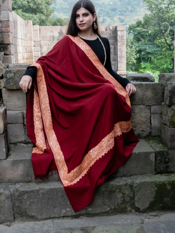 Ruby Maroon Pure Pashmina Shawl With Tilla Hand Embroidery