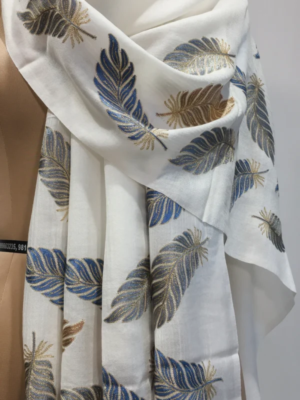 White Pure Wool Stole with Zari Detailing Front
