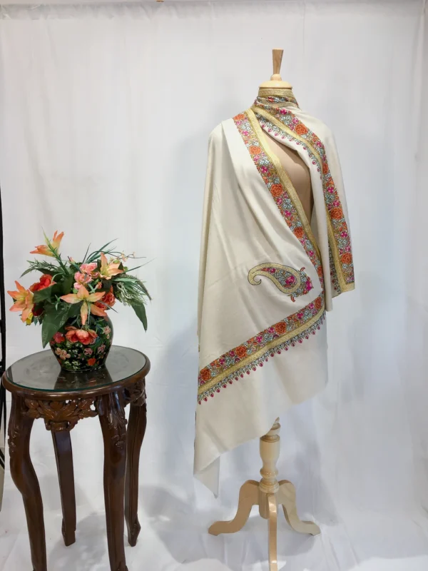 Off-White Pure Pashmina Shawl With Papier Mache And Zari Embroidery