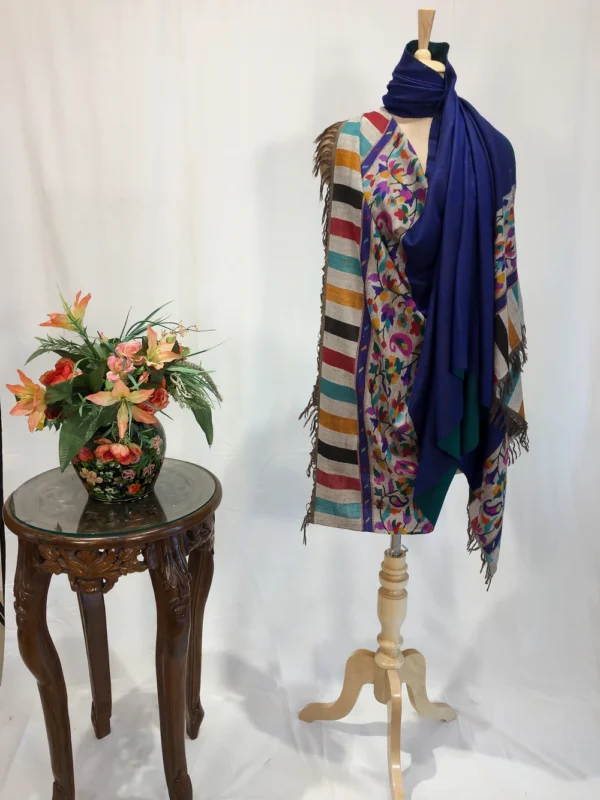 Blue Pure Pashmina Reversible Shawl With Kani Hand Crafted Palla