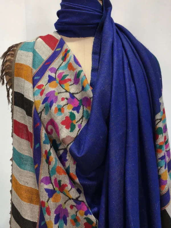 Blue Pure Pashmina Reversible Shawl With Kani Hand Crafted Palla Front