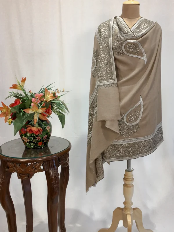 Camel Beige Pure Pashmina Shawl With Tilla And Thread Hand Embroidery