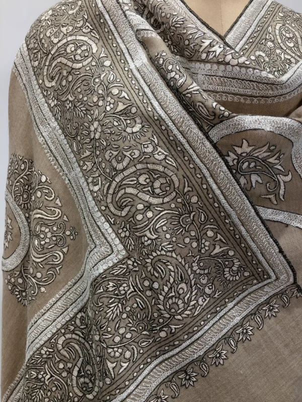 Camel Beige Pure Pashmina Shawl With Tilla And Thread Hand Embroidery Front