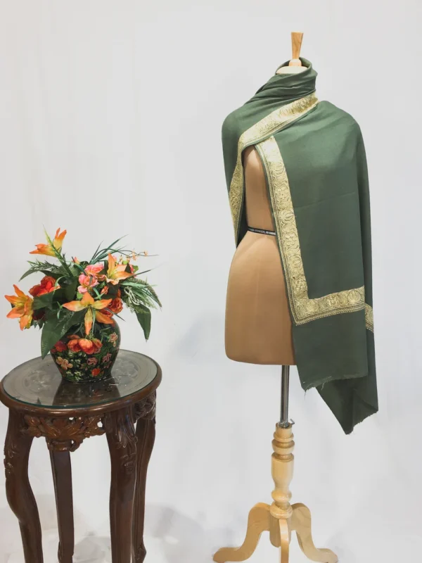 Moss Green Pure Pashmina Shawl With Tilla Hand Embroidery