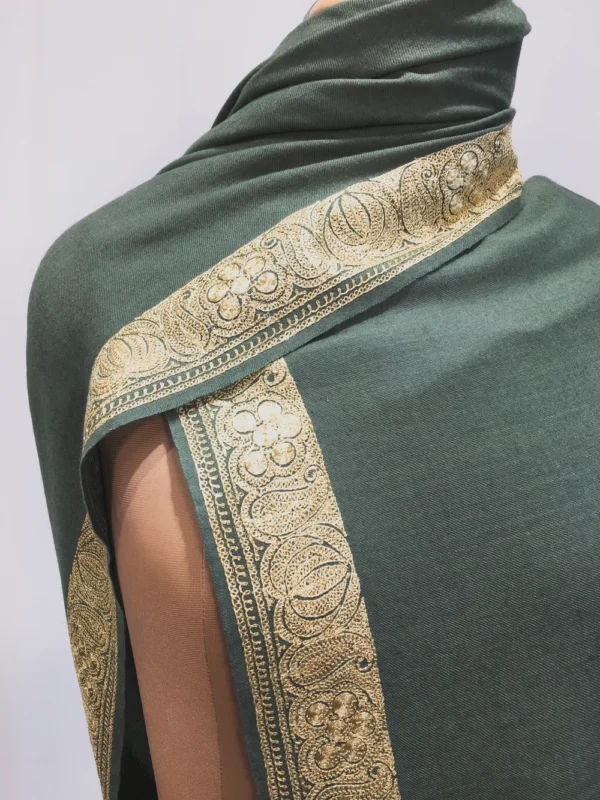 Moss Green Pure Pashmina Shawl With Tilla Hand Embroidery Front
