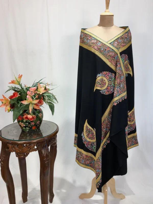 Black Pure Pashmina Shawl With Tilla And Thread Hand Embroidery